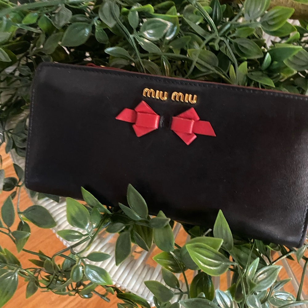 Miu Miu Black and Red Leather Wallet with Bow Accents
